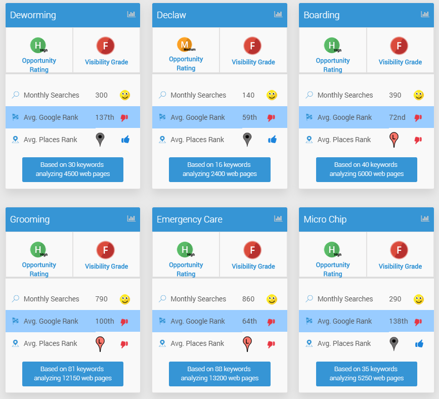 Visibility Grade and Opportunity Rating per Search Traffic Category and Geo-targets
